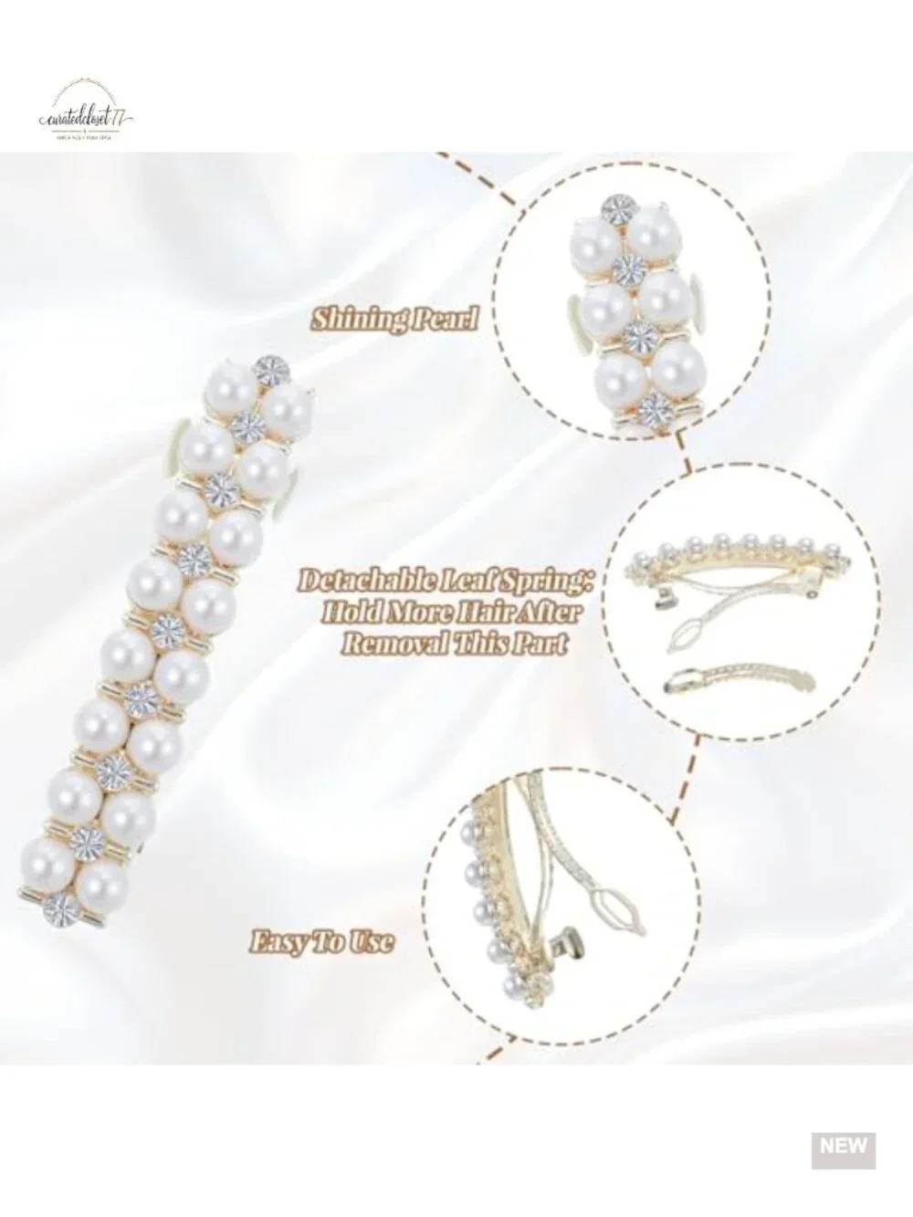 2 Pcs Pearl Barrettes, Elegant French Barrette Hair Clips with Rhinestones,